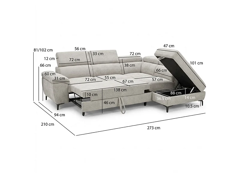 Canapé d'angle droit convertible en tissu doux gris clair - JULIO