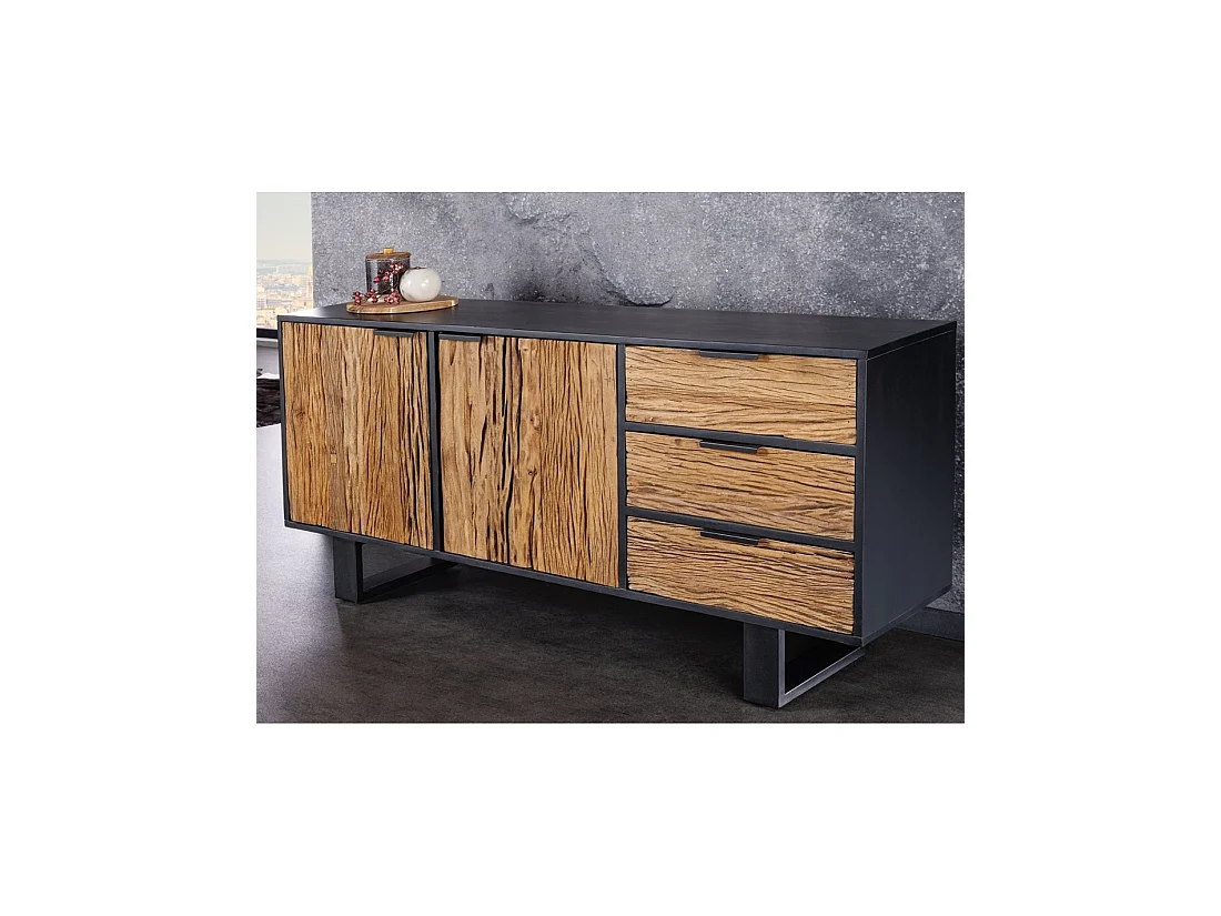 Buffet RAFTA 150 cm en bois massif de teck et manguier – 2 puertas, 3 cajones y estructura negra