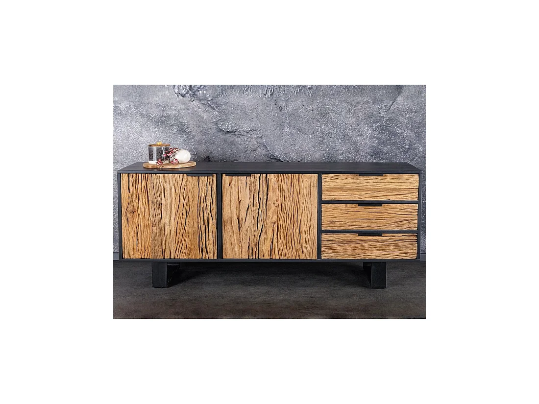 Buffet RAFTA 150 cm en bois massif de teck et manguier – 2 puertas, 3 cajones y estructura negra