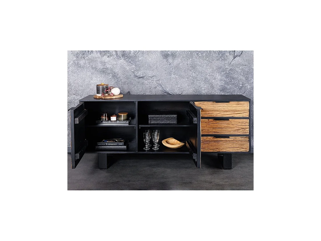 Buffet RAFTA 150 cm en bois massif de teck et manguier – 2 puertas, 3 cajones y estructura negra