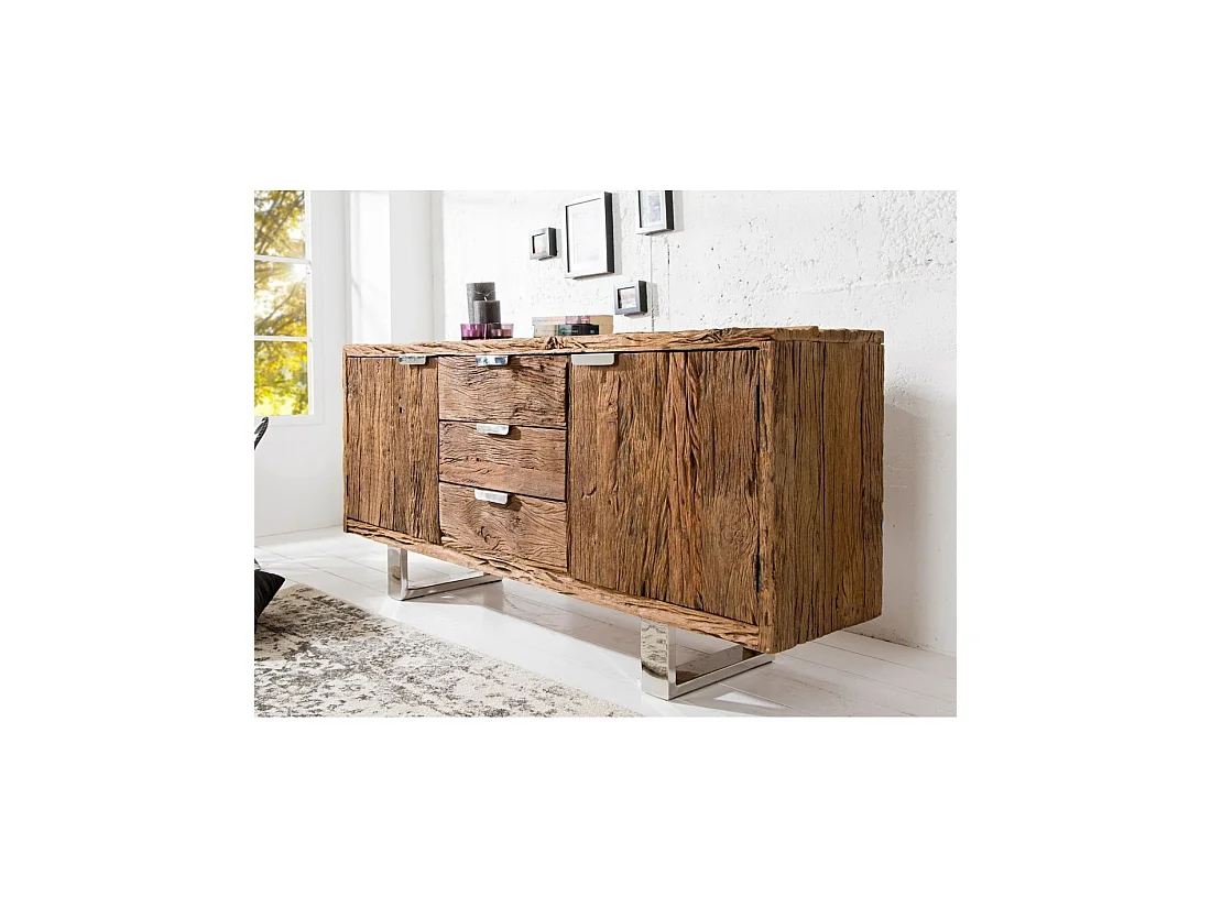 Buffet RAFTA 160 cm in massief teakhout - 2 deuren, 3 laden en zilveren stalen poten