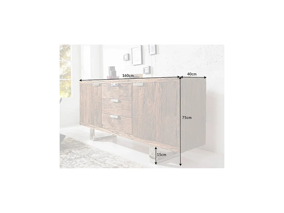 Buffet RAFTA 160 cm in massief teakhout - 2 deuren, 3 laden en zilveren stalen poten