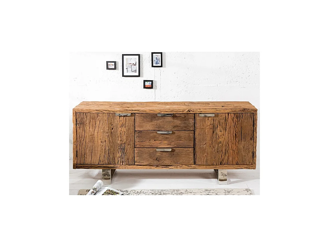 Buffet RAFTA 160 cm in massief teakhout - 2 deuren, 3 laden en zilveren stalen poten