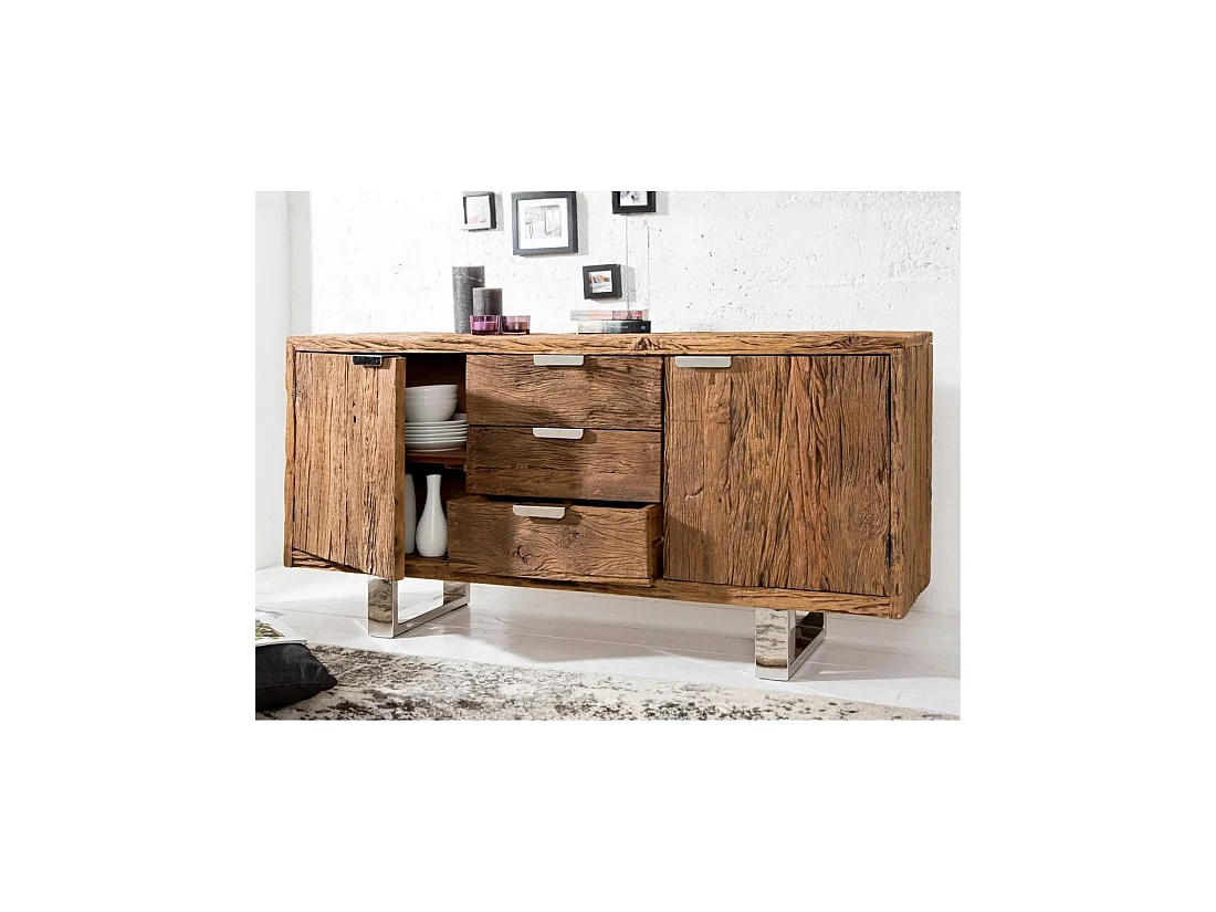 Buffet RAFTA 160 cm in massief teakhout - 2 deuren, 3 laden en zilveren stalen poten