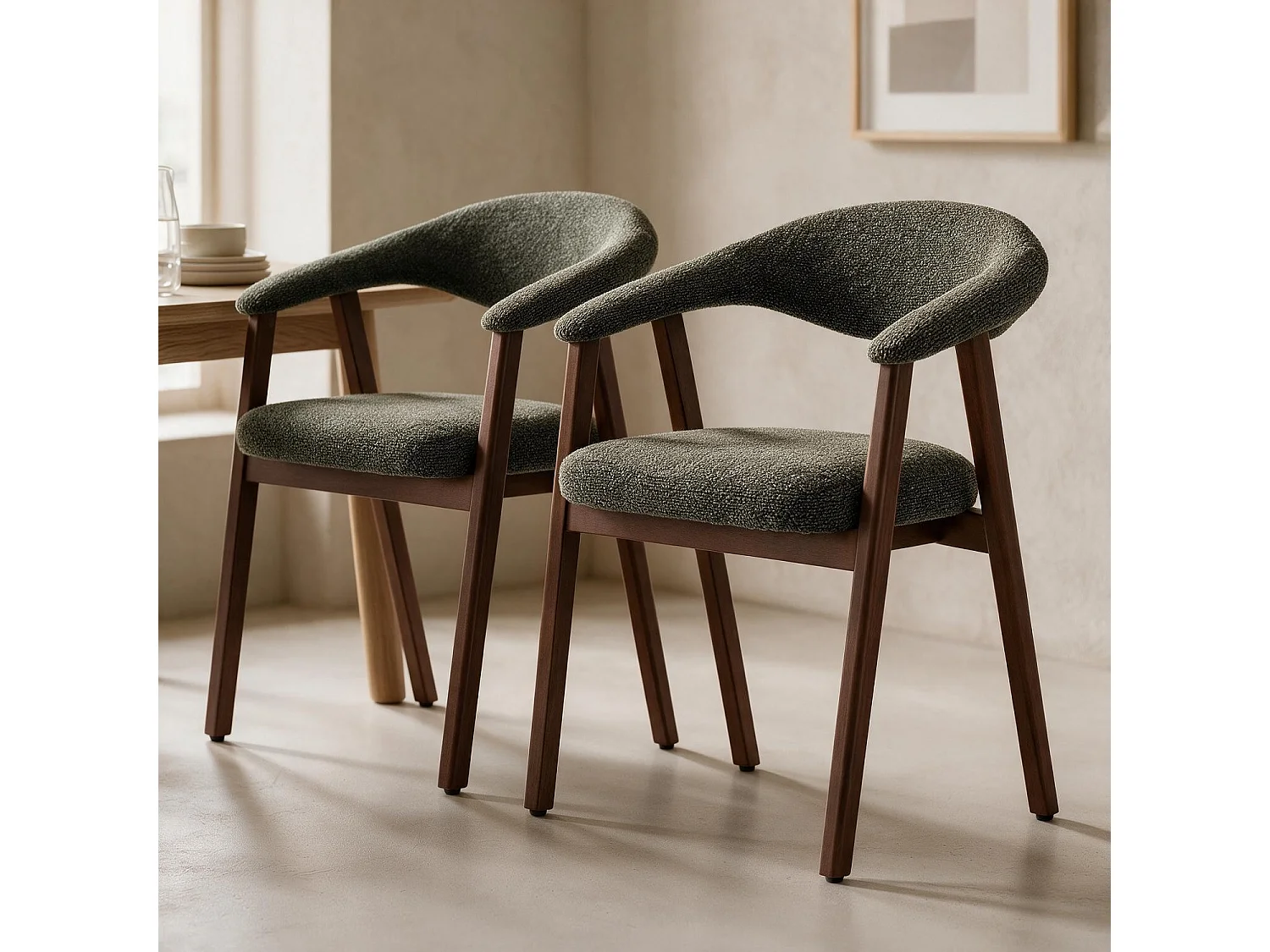Lot de 2 chaises en bois foncé et tissu boucle vert kaki BARBARA - HAPPY GARDEN