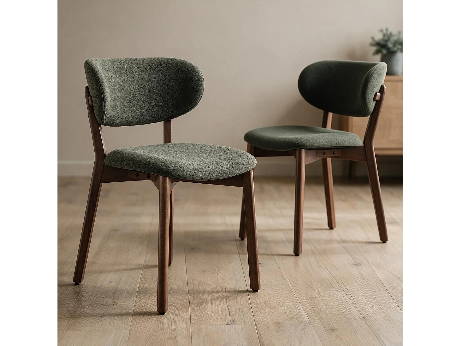 Lot de 2 chaises en bois foncé et tissu boucle vert kaki AURA - HAPPY GARDEN