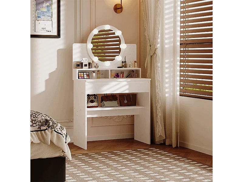 KOSMETIKTISCH MIT RUNDEM LED-SPIEGEL, WEISS, 80 CM