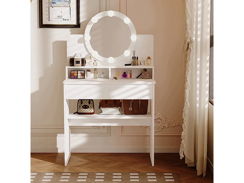 KOSMETIKTISCH MIT RUNDEM LED-SPIEGEL, WEISS, 80 CM