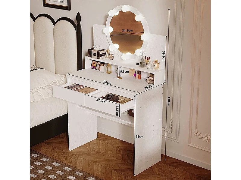 KOSMETIKTISCH MIT RUNDEM LED-SPIEGEL, WEISS, 80 CM