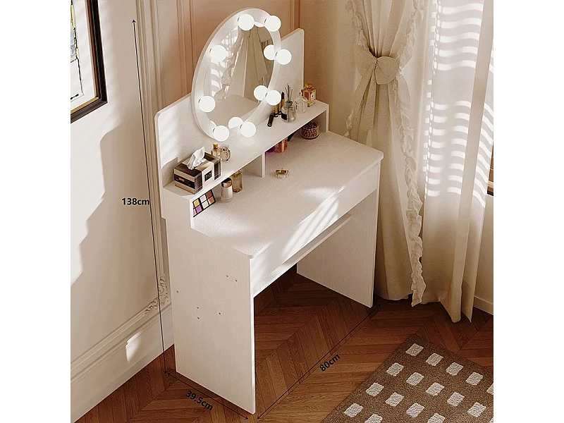 KOSMETIKTISCH MIT RUNDEM LED-SPIEGEL, WEISS, 80 CM