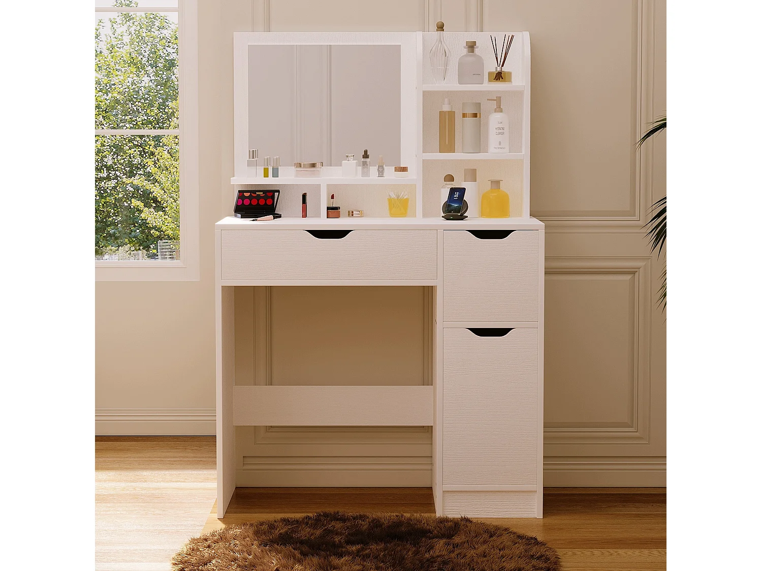 Toucador moderno branco com espelho e gavetas, estilo loft espaçoso
