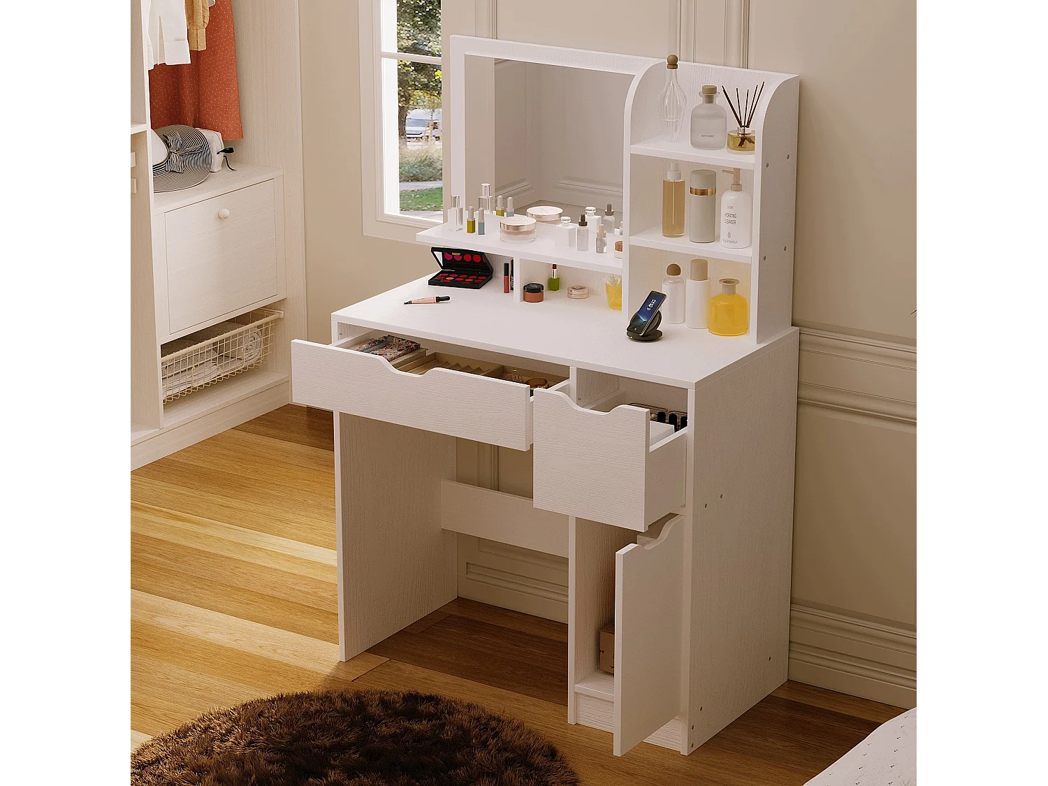 Toucador moderno branco com espelho e gavetas, estilo loft espaçoso
