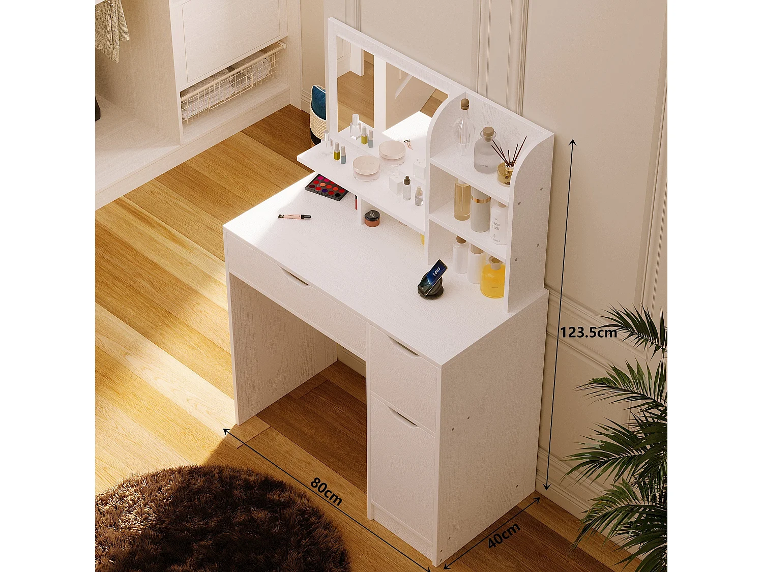 Toucador moderno branco com espelho e gavetas, estilo loft espaçoso