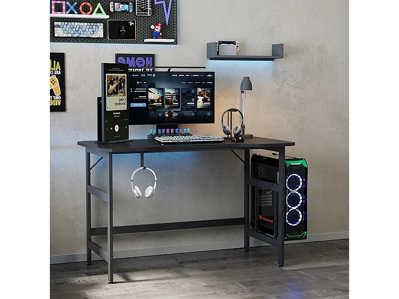Gaming-Schreibtisch, Gaming-Tisch, Moderner Computer, Schwarz, Loft, 120 cm
