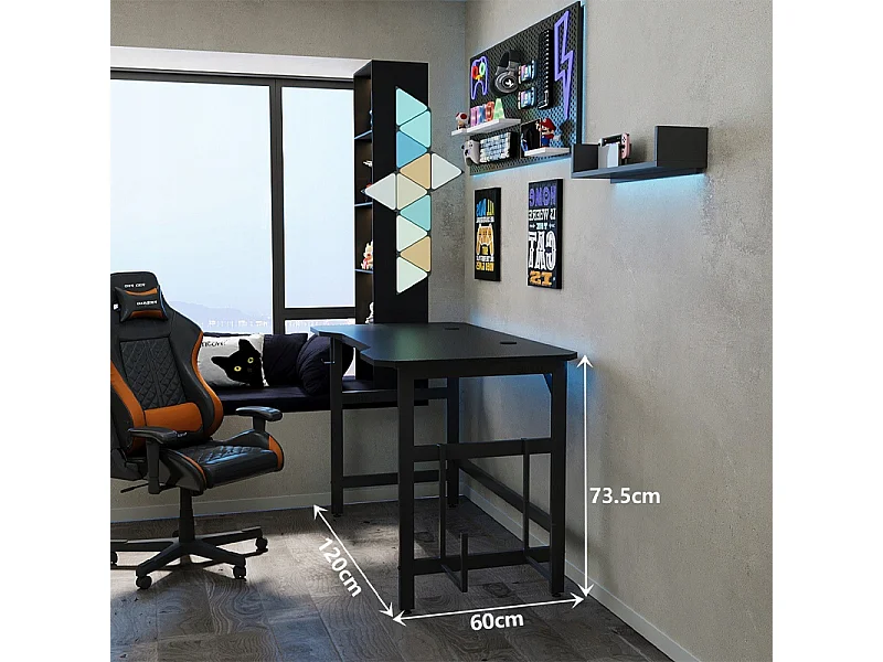 Gaming-Schreibtisch, Gaming-Tisch, Moderner Computer, Schwarz, Loft, 120 cm