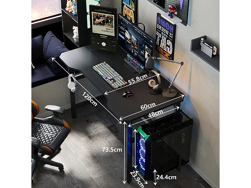 Gaming-Schreibtisch, Gaming-Tisch, Moderner Computer, Schwarz, Loft, 120 cm