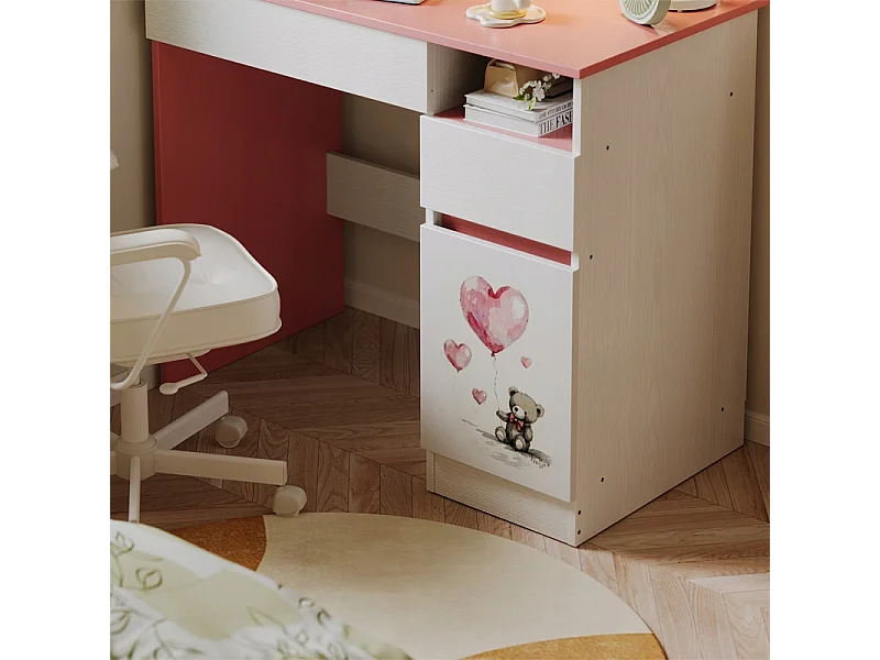 Schreibtisch für Mädchen mit rosa Teddybär-Motiv, modern, 90 cm Ablage und Schublade