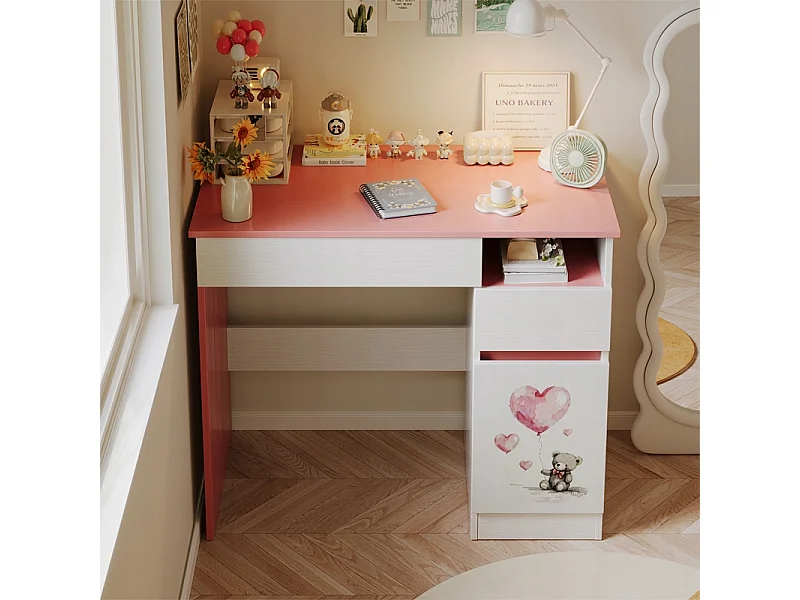 Schreibtisch für Mädchen mit rosa Teddybär-Motiv, modern, 90 cm Ablage und Schublade