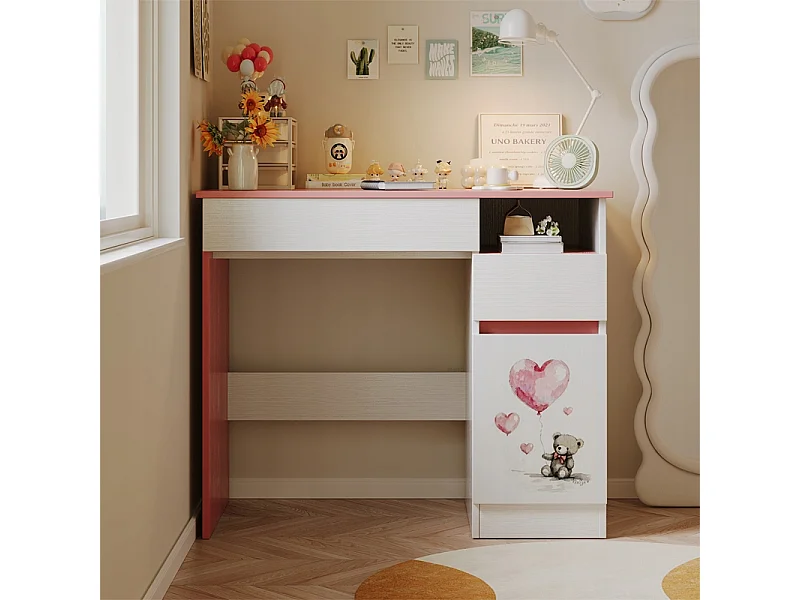 Schreibtisch für Mädchen mit rosa Teddybär-Motiv, modern, 90 cm Ablage und Schublade