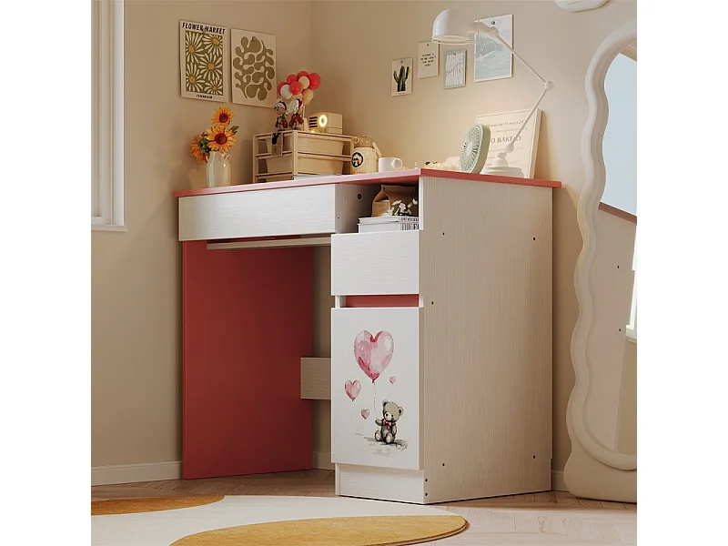 Schreibtisch für Mädchen mit rosa Teddybär-Motiv, modern, 90 cm Ablage und Schublade