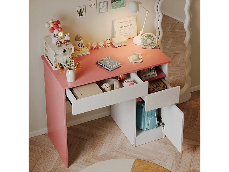 Schreibtisch für Mädchen mit rosa Teddybär-Motiv, modern, 90 cm Ablage und Schublade