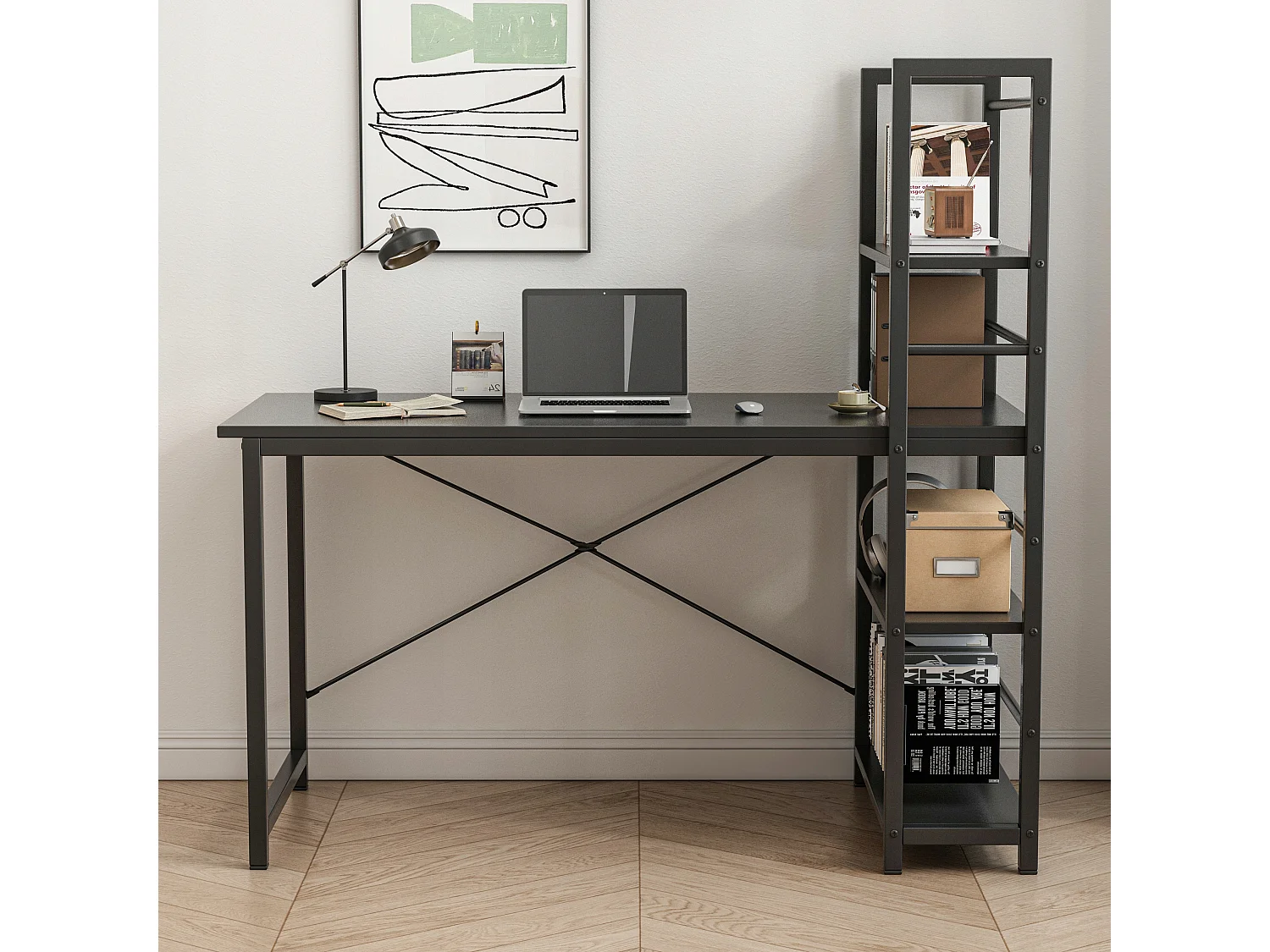 Biurko komputerowe loft czarne szkolne industrialne z regałem półkami 120cm