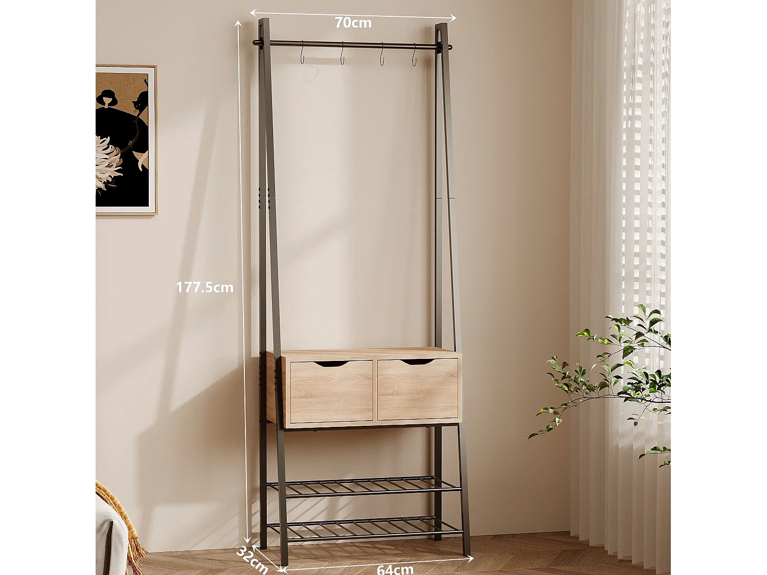 Appendiabiti da ingresso in stile loft, rovere chiaro, 177,5 cm