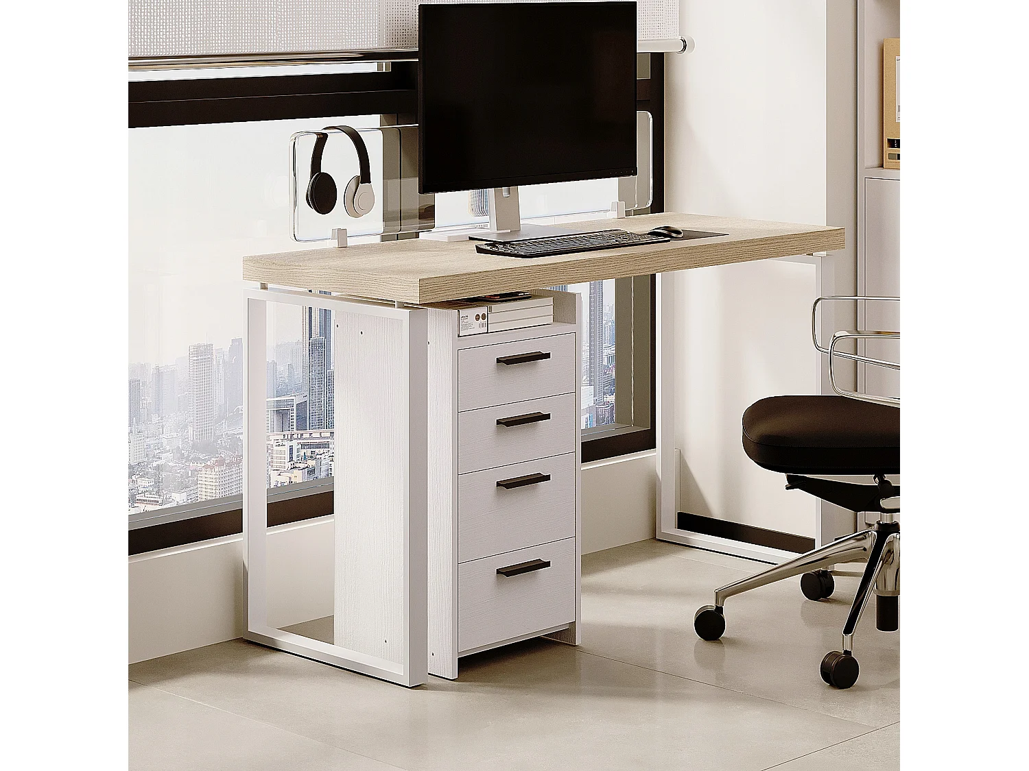 Weißer Büroschrank, Kommode mit 4 Schubladen, Maße 36 x 35 x 70 cm