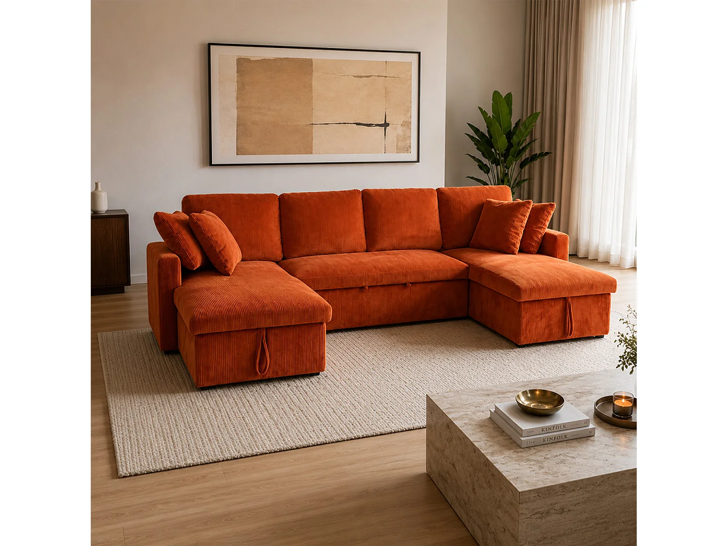 Sofá-Cama de Canto Moderno em Veludo Terracota com Armazenamento - MAHÉ Panorâmico Conversível 4 Lugares
