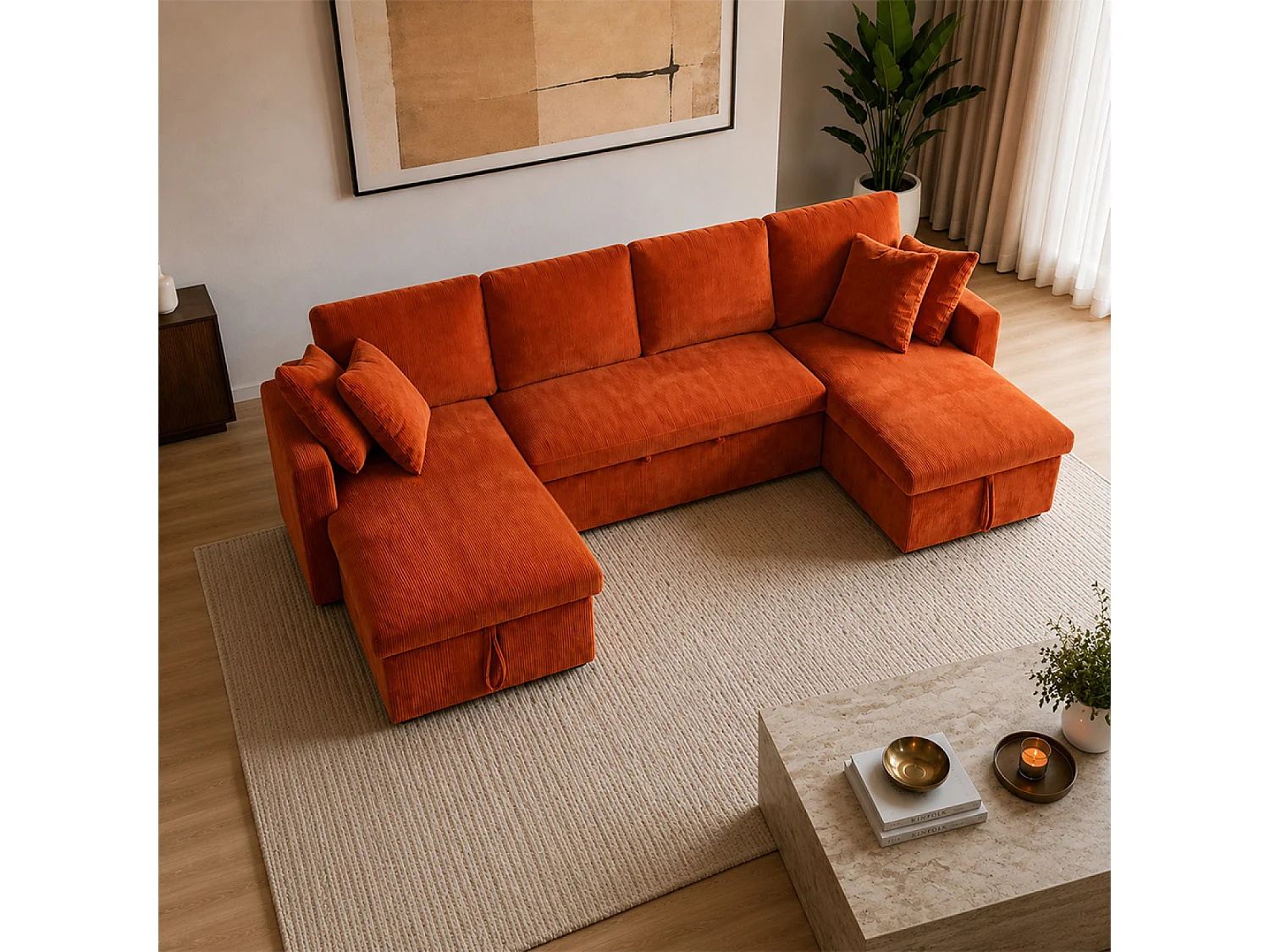 Sofá-Cama de Canto Moderno em Veludo Terracota com Armazenamento - MAHÉ Panorâmico Conversível 4 Lugares