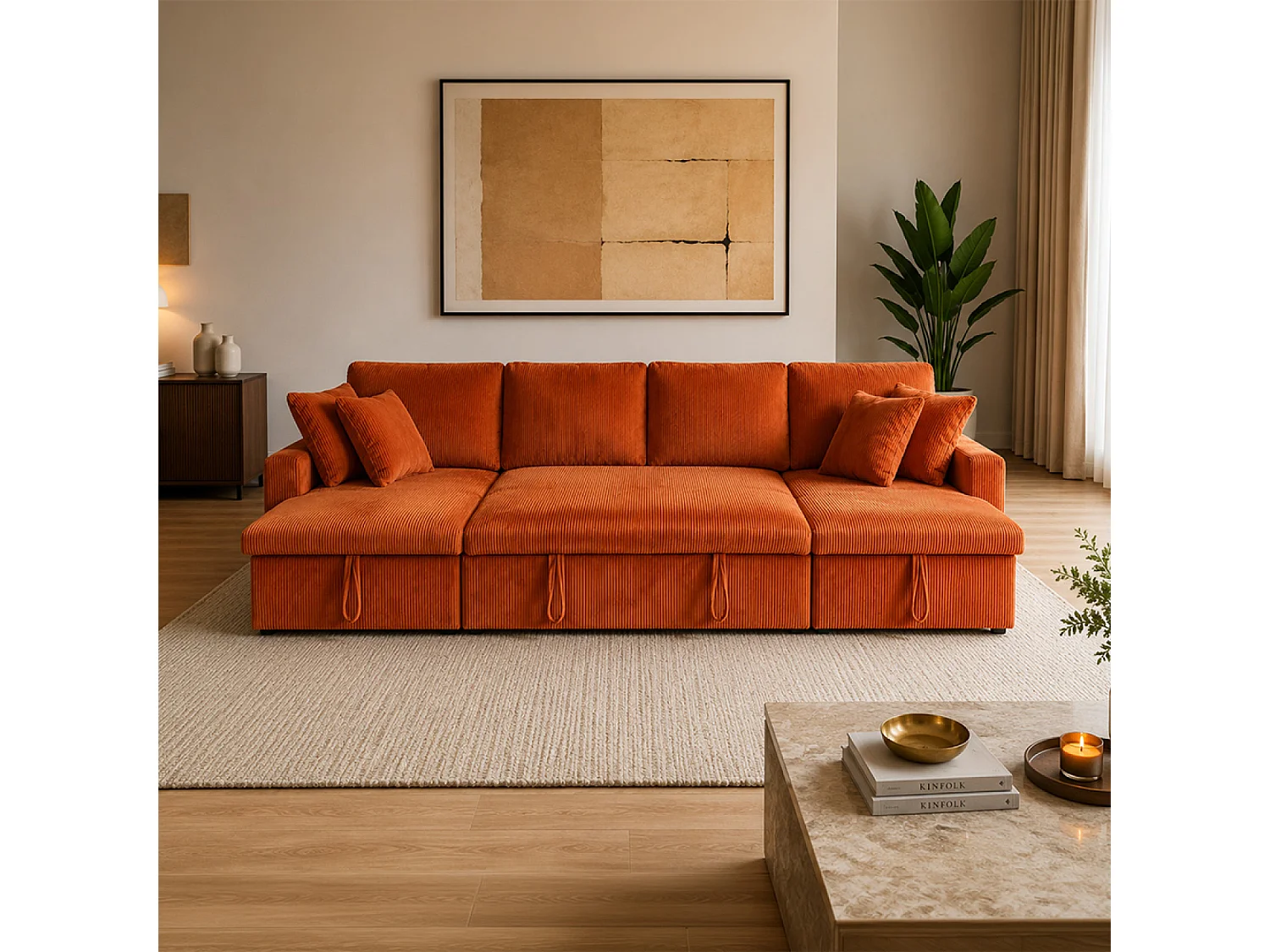 Sofá-Cama de Canto Moderno em Veludo Terracota com Armazenamento - MAHÉ Panorâmico Conversível 4 Lugares