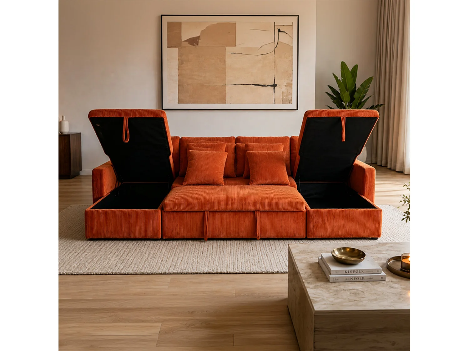 Sofá-Cama de Canto Moderno em Veludo Terracota com Armazenamento - MAHÉ Panorâmico Conversível 4 Lugares