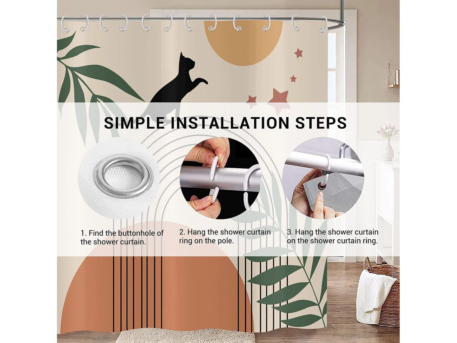 Rideau de douche Boho 180x180,Mid Century Abstract Noir Chat Vert Feuille Arc Soleil Lune Beige Rideau de baignoire Moderne Minimaliste avec crochets
