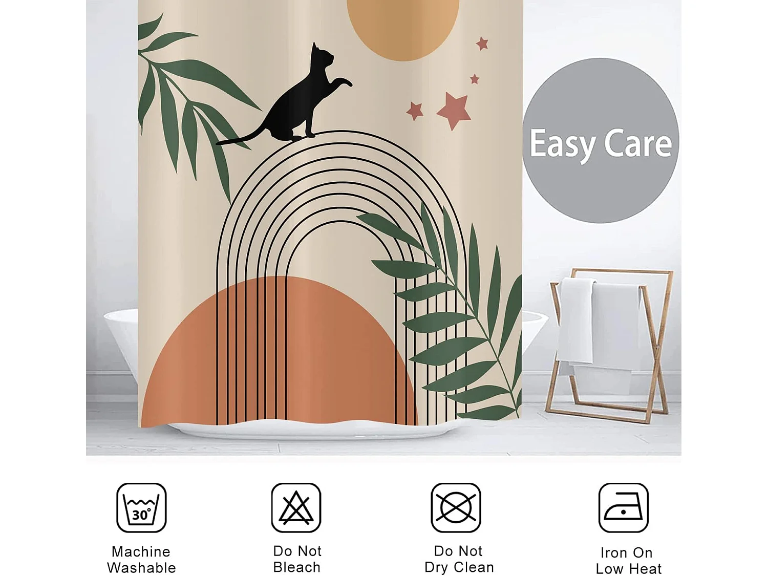 Rideau de douche Boho 180x180,Mid Century Abstract Noir Chat Vert Feuille Arc Soleil Lune Beige Rideau de baignoire Moderne Minimaliste avec crochets