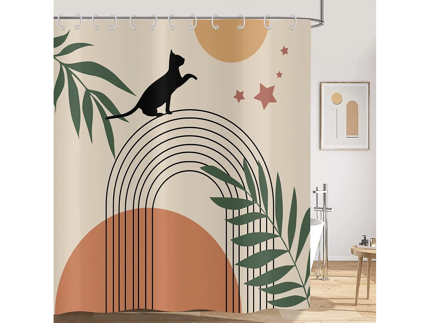 Rideau de douche Boho 180x180,Mid Century Abstract Noir Chat Vert Feuille Arc Soleil Lune Beige Rideau de baignoire Moderne Minimaliste avec crochets