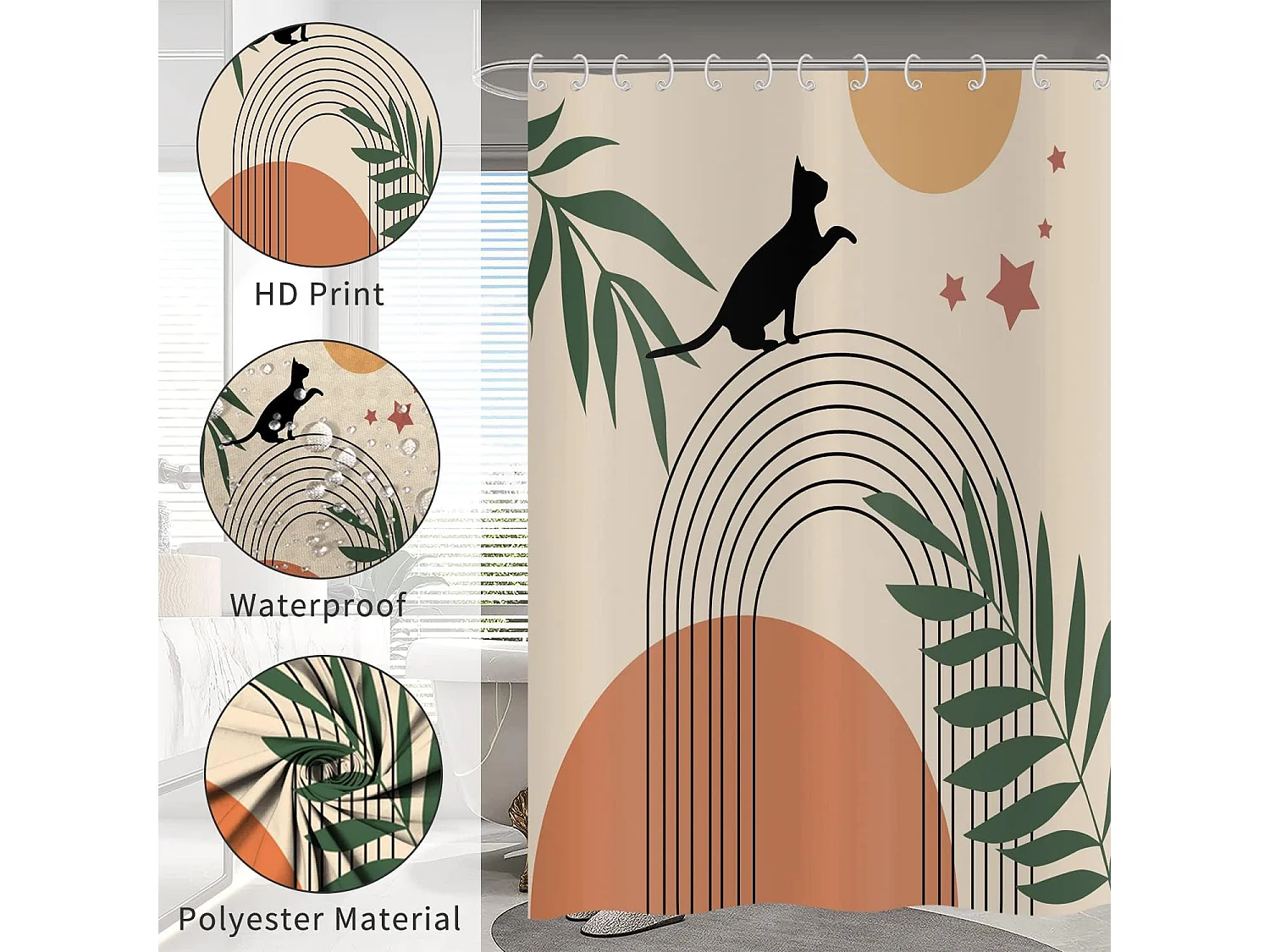 Rideau de douche Boho 180x180,Mid Century Abstract Noir Chat Vert Feuille Arc Soleil Lune Beige Rideau de baignoire Moderne Minimaliste avec crochets