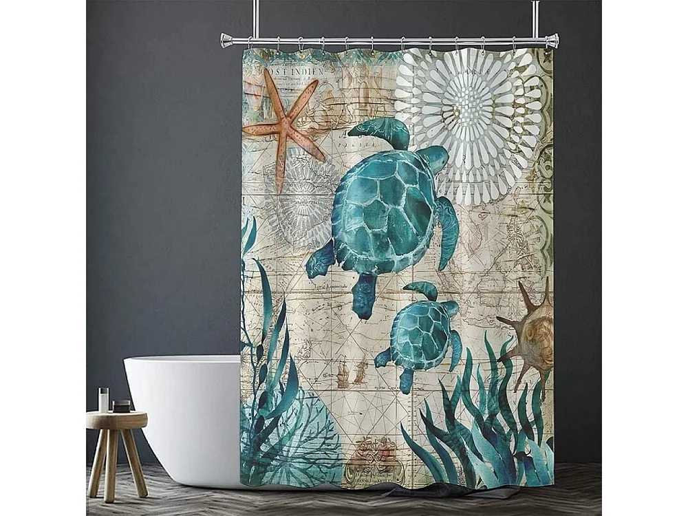 180 x 200cm Rideau de Douche avec 12 Crochets Séchage Rapide(tortue de mer), Tissu Polyester Imperméable Lavable en Machine, Rideaux Salle de Bain