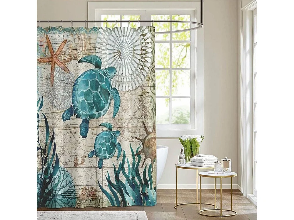 180 x 200cm Rideau de Douche avec 12 Crochets Séchage Rapide(tortue de mer), Tissu Polyester Imperméable Lavable en Machine, Rideaux Salle de Bain