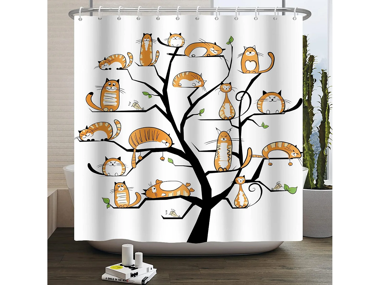 Rideau de Douche Arbre à Chat 150x180cm Ensemble Orange Mignon Chaton Rideau-de Bain Aquarelle drôle Animal de Compagnie Chat Rideaux de Douche Lavabl