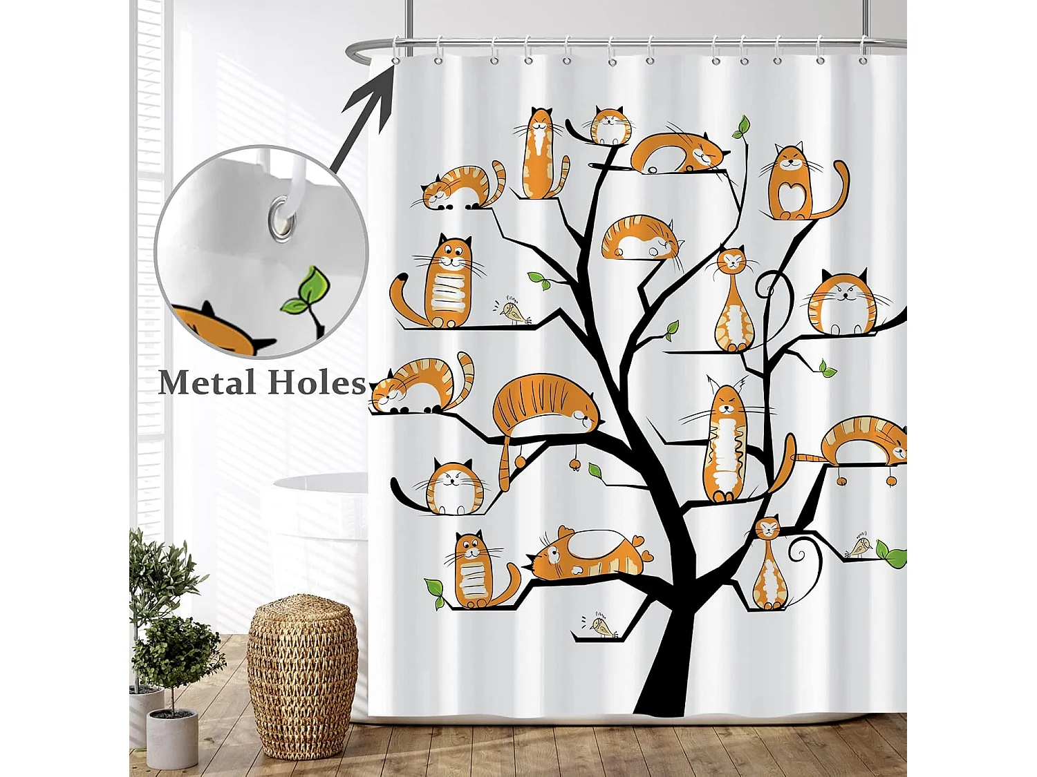 Rideau de Douche Arbre à Chat 150x180cm Ensemble Orange Mignon Chaton Rideau-de Bain Aquarelle drôle Animal de Compagnie Chat Rideaux de Douche Lavabl