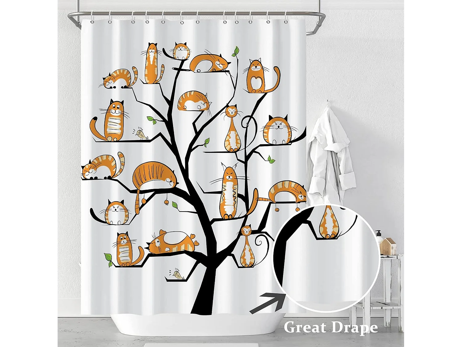 Rideau de Douche Arbre à Chat 150x180cm Ensemble Orange Mignon Chaton Rideau-de Bain Aquarelle drôle Animal de Compagnie Chat Rideaux de Douche Lavabl