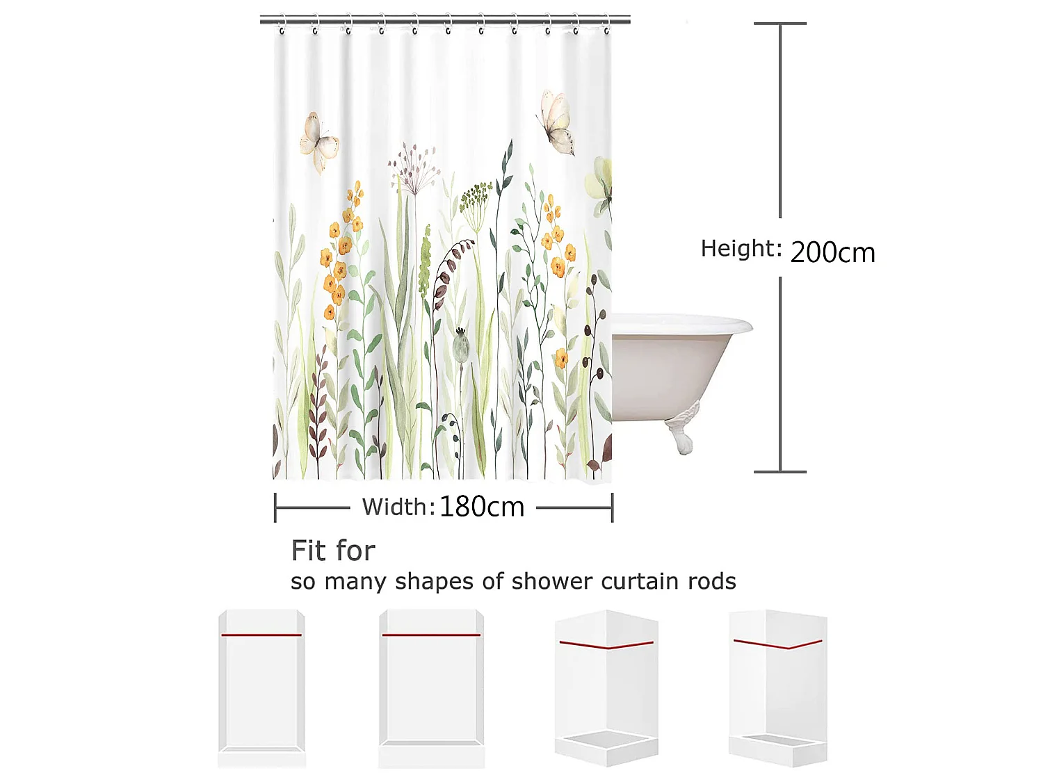 Rideau de douche floral 180*200cm, motif papillon floral, rideau de douche en tissu imperméable avec crochets et œillets,pour salle de bain, baignoire