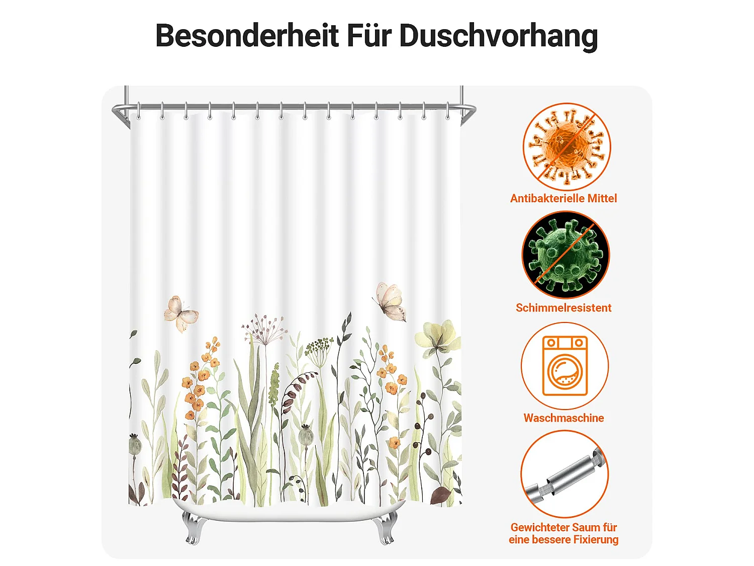 Rideau de douche floral 180*200cm, motif papillon floral, rideau de douche en tissu imperméable avec crochets et œillets,pour salle de bain, baignoire