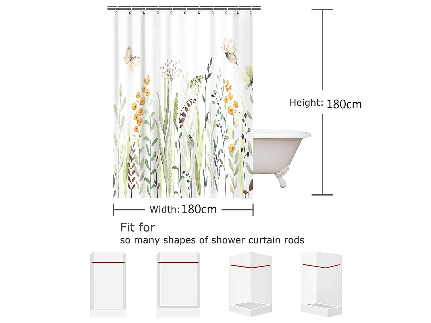Rideau de douche floral 180*200cm, motif papillon floral, rideau de douche en tissu imperméable avec crochets et œillets,pour salle de bain, baignoire