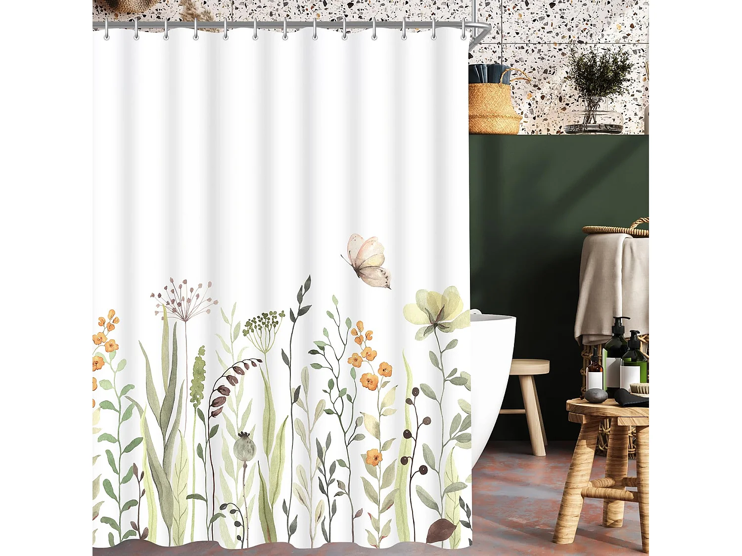 Rideau de douche floral 180*200cm, motif papillon floral, rideau de douche en tissu imperméable avec crochets et œillets,pour salle de bain, baignoire