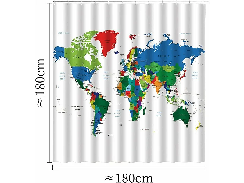 Rideau de Douche Motif Carte du Monde avec Impression géographique,imperméable,avec 12 Anneaux en Tissu Polyester Anti-fongique 180x180cm