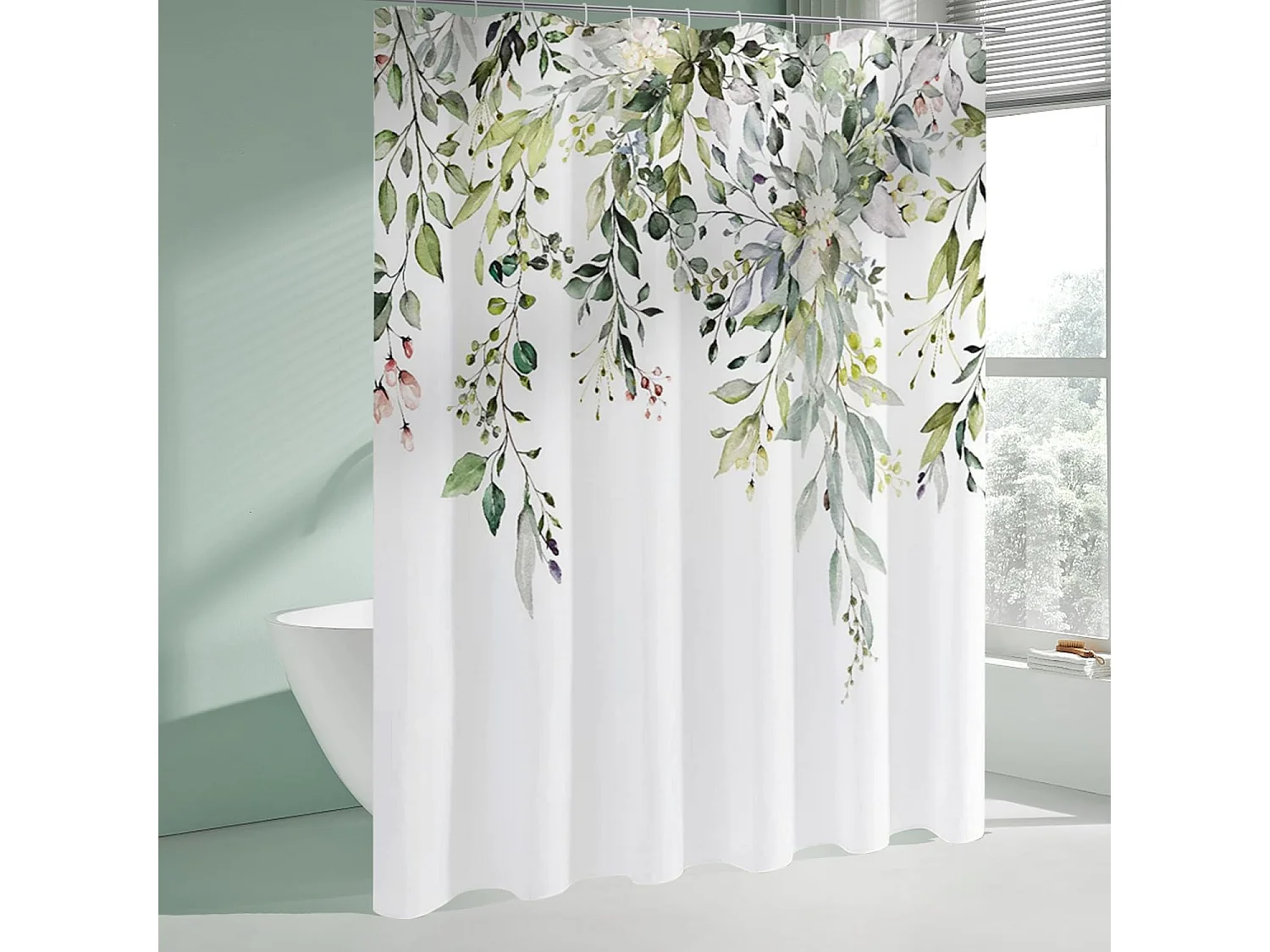 Rideau de douche en polyester imperméable et antibuée, 180 x 180 cm, vert, avec 12 crochets, impression numérique sans perforation