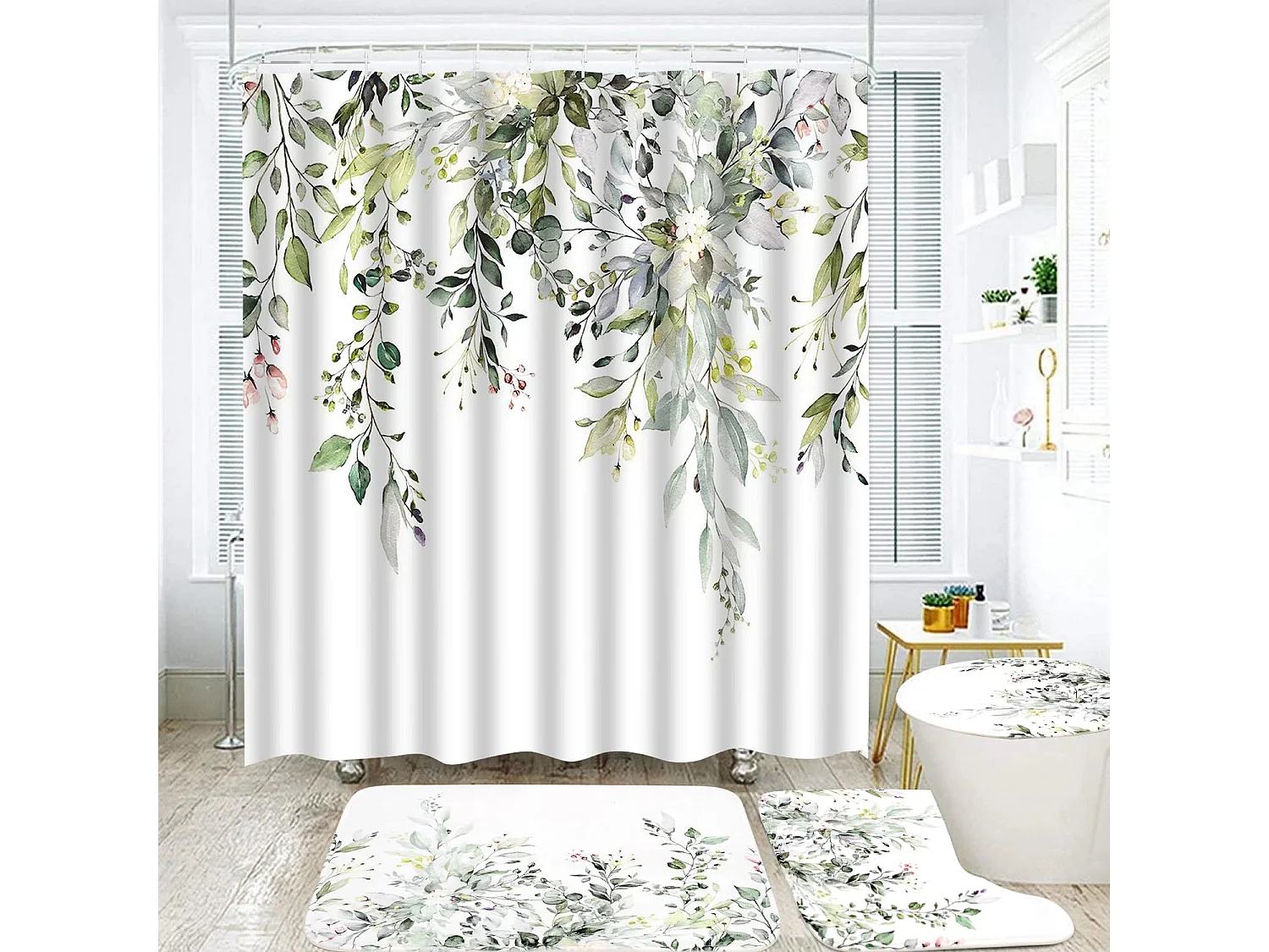 Rideau de douche en polyester imperméable et antibuée, 180 x 180 cm, vert, avec 12 crochets, impression numérique sans perforation
