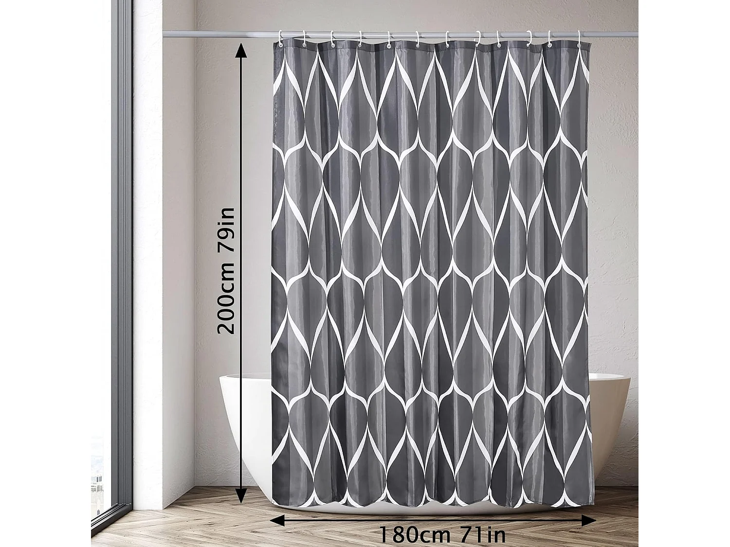 Rideau de Douche 180x200CM Polyester Imperméable Tissu Lavable en Machine Rideau Salle de Bain avec 12 Crochets Noir