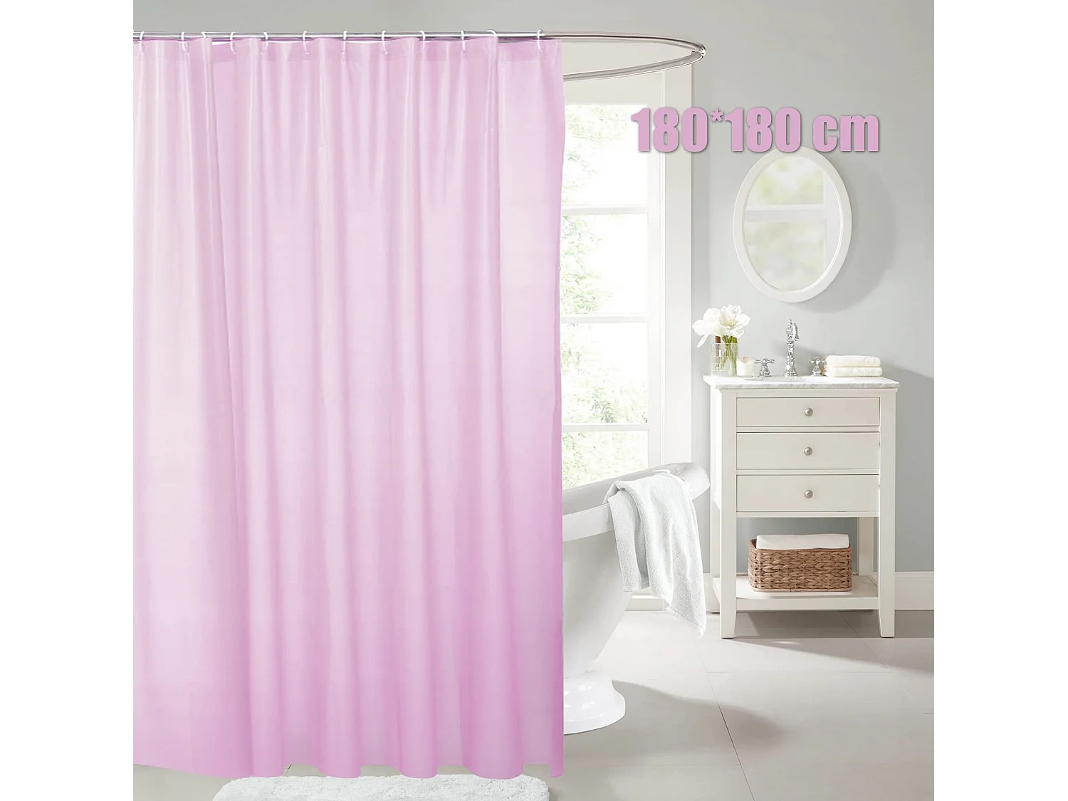 Rideau de douche 180 cm x 180 cm, imperméable, lavable, avec 12 crochets, couleurs unies (rose clair)
